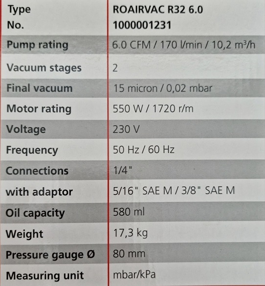 ROTHENBERGER ROAIRVAC R32 6cfm (170l/min) ΑΝΤΛΙΑ ΚΕΝΟΥ